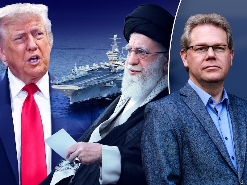 Links: Donald Trump en de Iraanse leider Ali Khamenei. Rechts: professor David Criekemans.