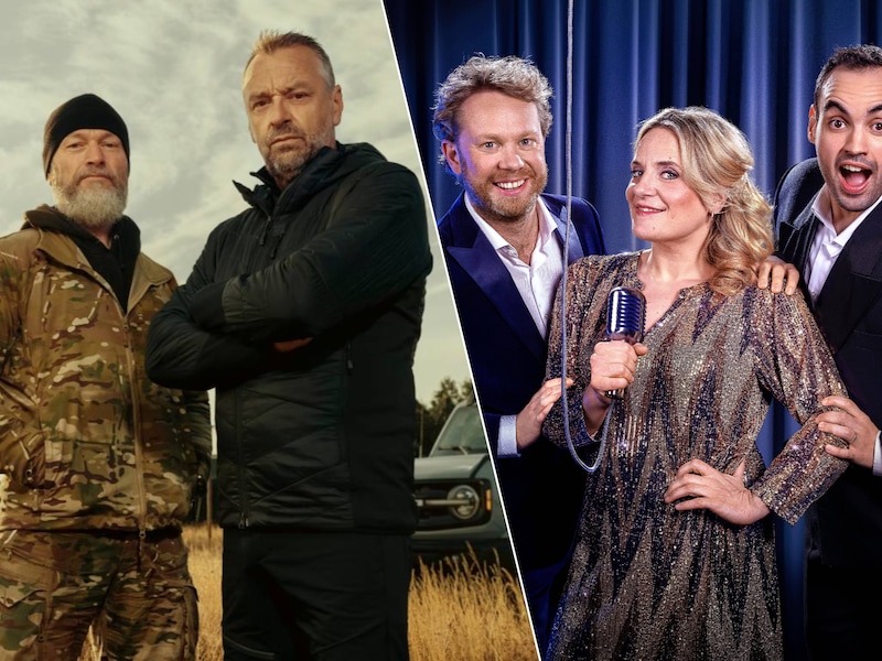Fly en Tom Waes in ‘Kamp Waes’ (links) en Kamal Kharmach, Ruth Beeckmans en Rik Verheye, presentatoren van de Kastaars dit jaar (rechts).