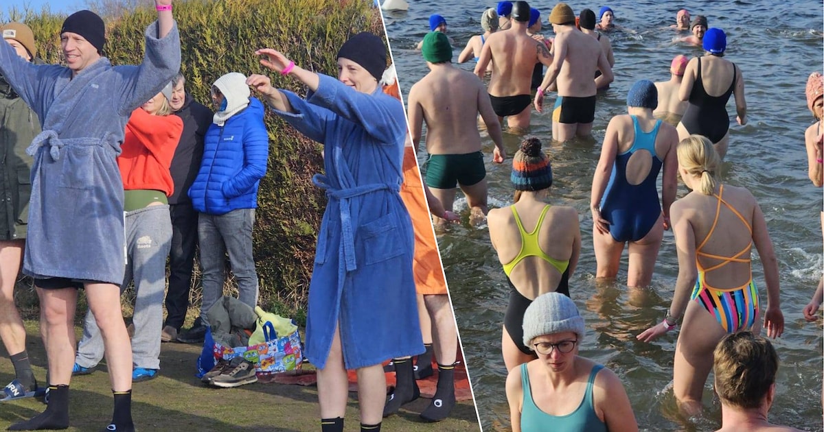 KIJK. ‘IJsberen’ warmen zich op met muziek voordat ze ijskoude Eglegemvijver induiken in Mechelen