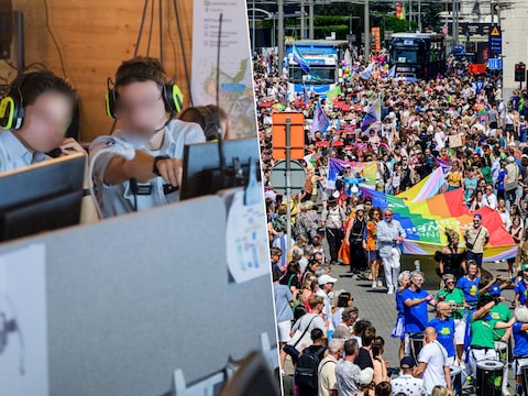 De politie is zowel achter de schermen als duidelijk zichtbaar op het parcours van de Antwerp Pride aanwezig. Rechts: archiefbeeld van Antwerp Pride 2025.