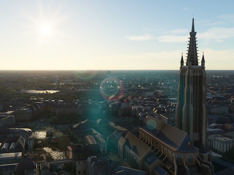 De Onze-Lieve-Vrouwekathedraal in Brugge, een van de tientallen monumenten die Microsoft bijplantte in het wereldmodel van zijn 'Flight Simulator'.