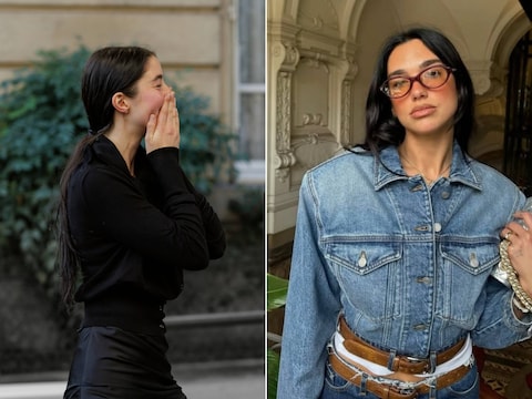 Links: ontwerpster Julie Kegels (26) op haar defilé maandag. Rechts: Dua Lipa in een van haar ontwerpen.