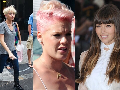 Miley Cyrus met platinablond, Pink met roze lokken en Jessica Biel met blonde puntjes.