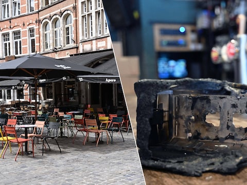Onder meer café Revue en café Allee op de Oude Markt kregen de brandstichter over de vloer. // Een verbrande wc-houder. 