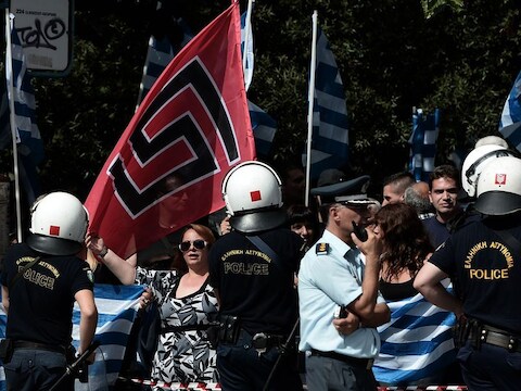 Protestactie eerder deze maand tegen de aanhouding van toplui van Gouden Dageraad
