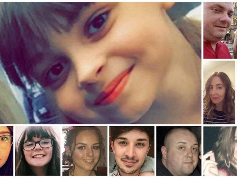 Saffie Rose Roussos (groot beeld en dan in wijzerzin van rechtsboven naar linksbeneden), Angelika en Marcin Klis, Alison Howe en Lisa Lees, Kelly Brewster, John Atkinson, Martyn Hett, Olivia Campbell, Georgina Callander en Nell Jones.