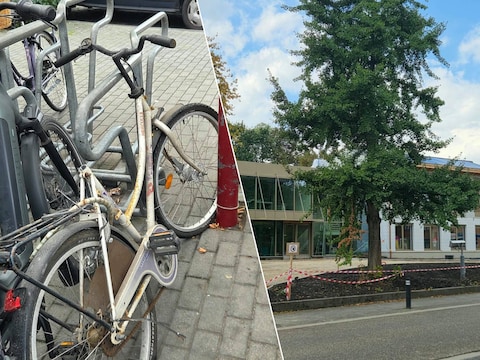 Een van de fietswrakken in het fietsrek aan de kerk in Rijkevorsel., Het nieuwe gemeentehuis in Rijkevorsel