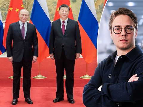 Poetin en Xi bij een staatsbezoek aan China in 2023. Rechts: politiek journalist Timmie van Diepen.