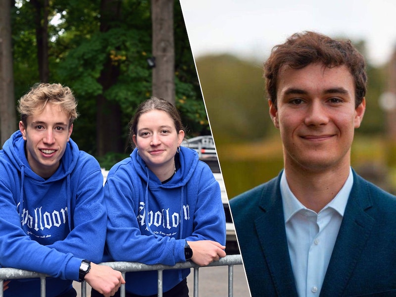 Matteo Hamal (20) en Apolloon-praeses zijn aan het werk bij de opbouw van de ‘Blauwe Bocht’, VTK-praeses Alexander Dubois is klaar om weer voor de overwinning te strijden