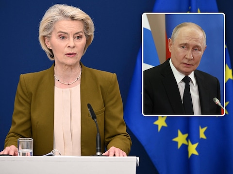 Voorzitter van de Europese Commissie Ursula von der Leyen, inzet: Russische president Vladimir Poetin.
