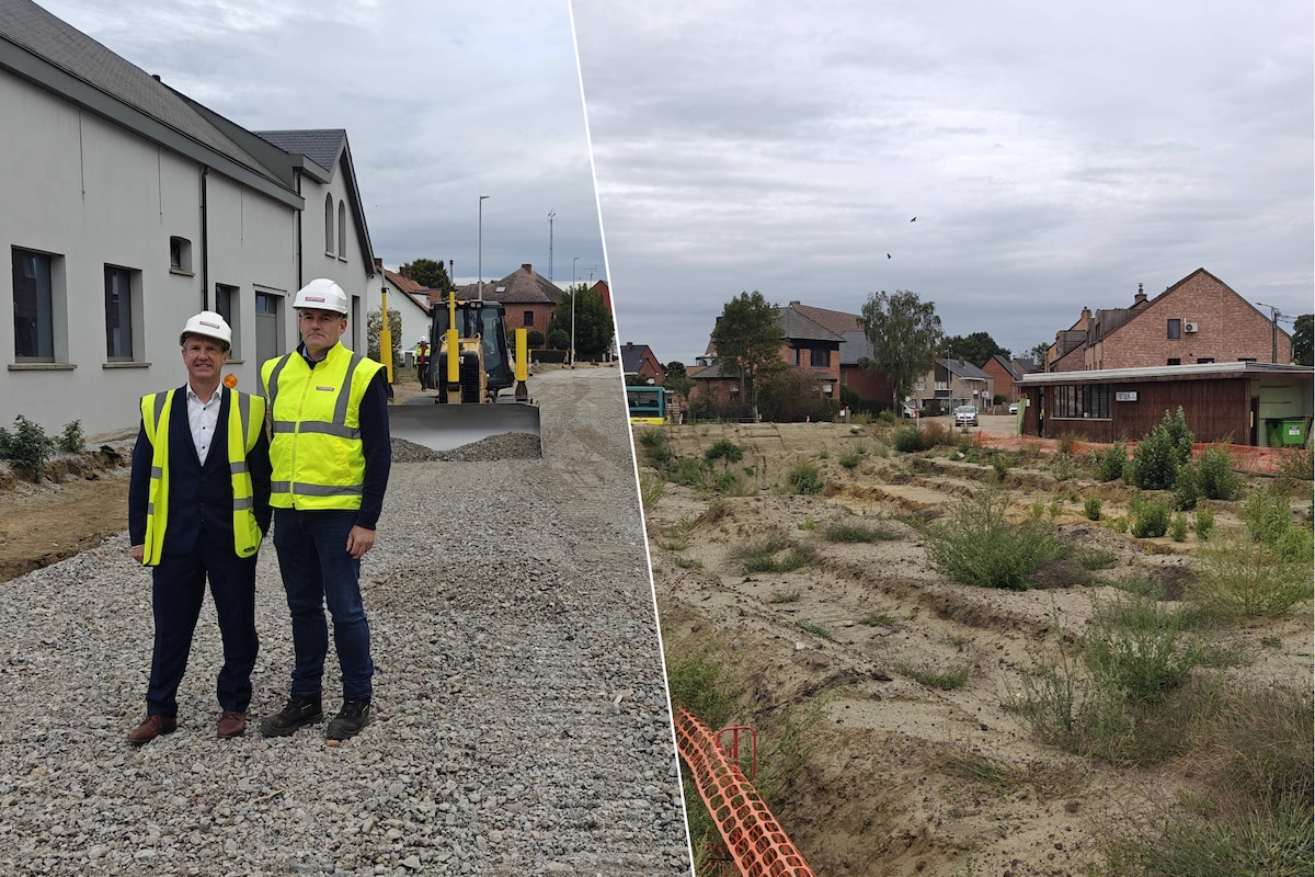 Burgemeester Jan Bertels (Vooruit) en Bob Jacobs, regiodirecteur bij Stadsbader, bij de wegenwerken in Morkhoven (Herentals).