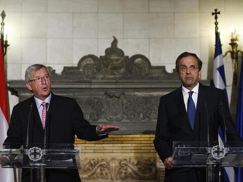 Eurogroepvoorzitter Jean-Claude Juncker en de Griekse premier Antonis Samaras.
