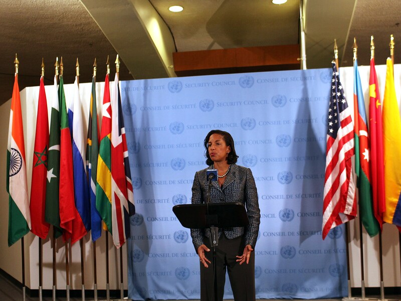 VS-ambassadrice Susan Rice staat de pers tewoord.