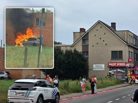 De auto brandde uit in de Van Aertselaarstraat in Hoogstraten en raakte zwaar beschadigd.