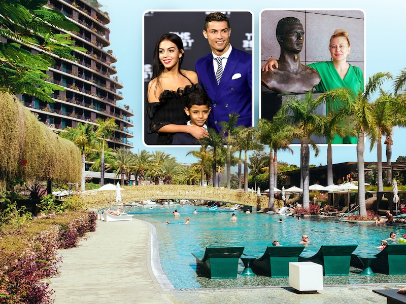 Onze reporter Nadine Van Der Linden (rechts in kader) logeert in het hotel waar Cristiano Ronaldo zaterdag zou trouwen met Georgina Rodriguez. Links: Ronaldo met zijn verloofde Georgina.