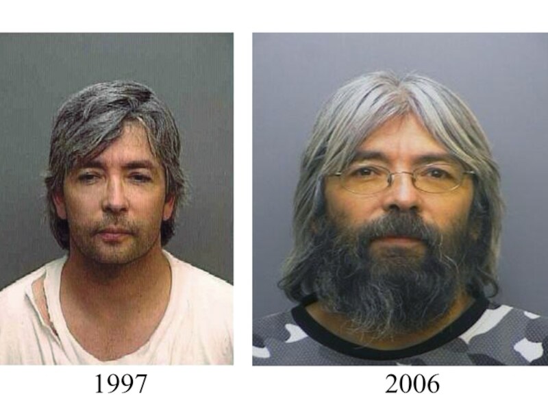 Faulkner bij een arrestatie zo'n 15 jaar geleden, en recenter met baard.