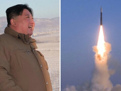 Kim Jong-un lacht na succesvolle rakettest in Noord-Korea.