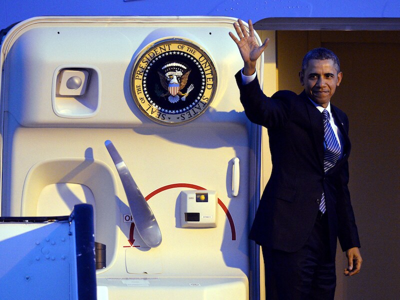 President Barack Obama bij zijn vertrek vanuit Zaventem.