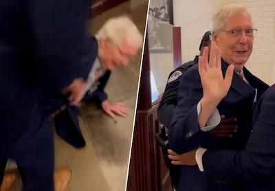 KIJK. Republikeins senator Mitch McConnell (83) maakt ongelukkige val in gang van Capitool