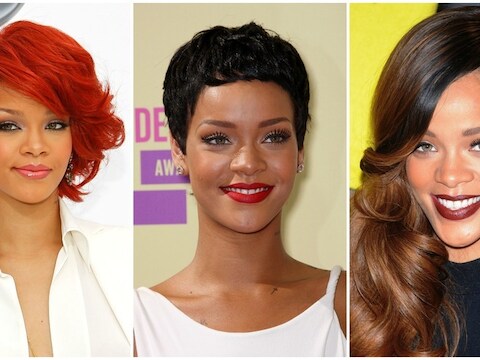 Felrood haar, een pixiekapsel en kastanjebruine lippen: Rihanna maakte er een trend van.