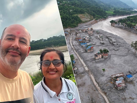 Jurgen Callewaert en zijn vrouw Doma in Nepal, waar ze samen een reisbureau en B&B uitbaten. Rechts: een dronebeeld dat de schade na de verwoestende modderstroom toont.