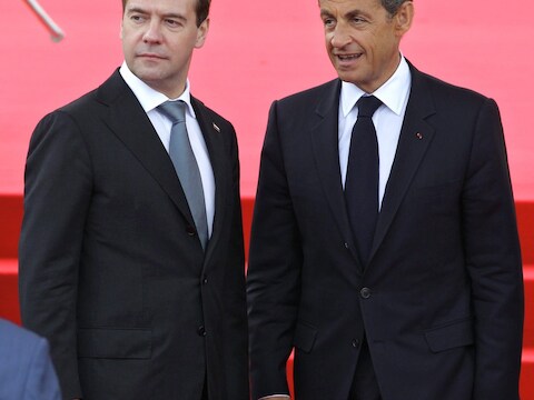 De Russische president Medvedev en de Franse president Sarkozy.