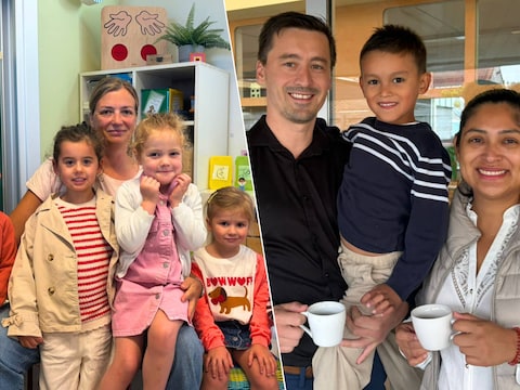 Juf Stefanie van de tweede kleuterklas. / Ouders genieten van een warme kop koffie op de eerste schooldag bij ’t Schoolke Rugge.