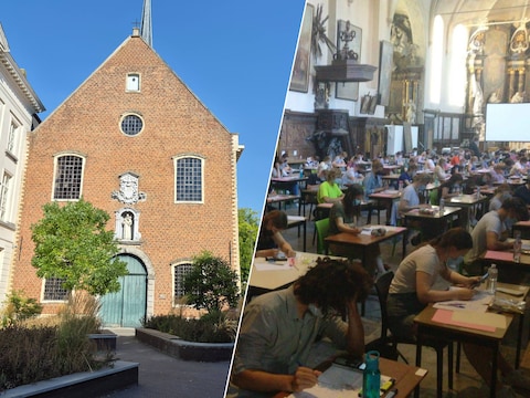 De collegekerk in de Collegestraat in Sint-Niklaas krijgt een nieuw interieur. Rechts: leerlingen leggen examens af in de kerk (archief)