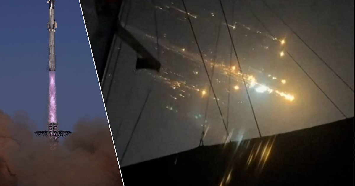 KIJK. Brokstukken Starship-raket vliegen door de lucht boven Bahama’s ...
