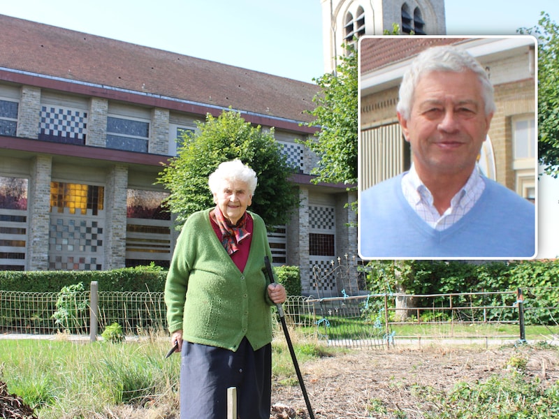 Godelieve Depuydt (93) woont in de schaduw van de kerk van Hoogstade. Inzet: burgemeester Gerard Liefooghe.