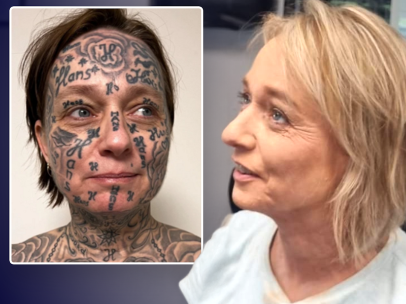 Joke is in behandeling om 250 tatoeages te laten verwijderen. Foto rechts: de tattoos zijn nog niet helemaal weg, maar met make-up kan ze die wel al camoufleren. 