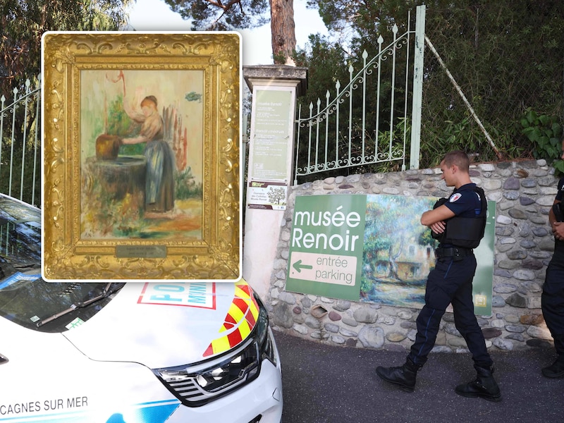 Politieagenten voor het museum aan de Côte d’Azur. Inzet: ‘Jeune fille au puits’, een van de twee schilderijen die nog altijd spoorloos zijn.