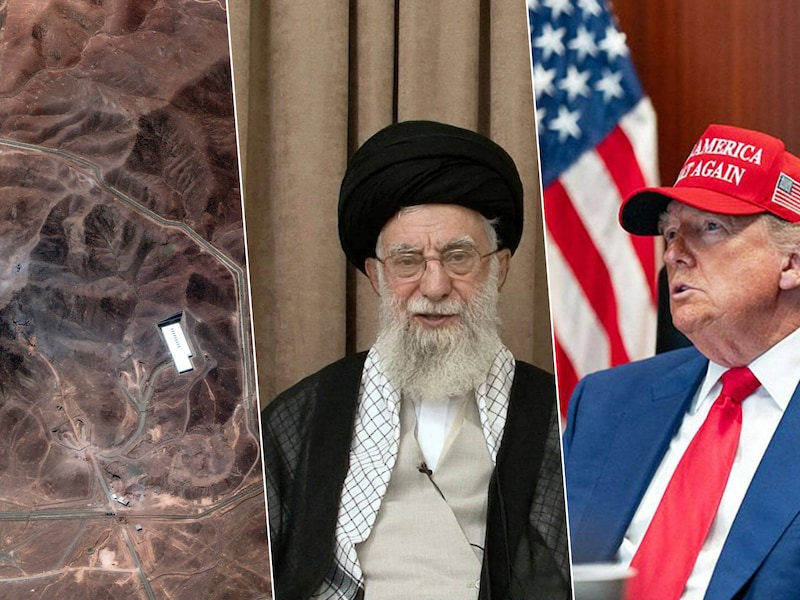 Sattelietbeeld van de nucleaire site Fordow in Iran/ De Iraanse leider Ayatollah Khomeini/ De Amerikaanse president Donald Trump