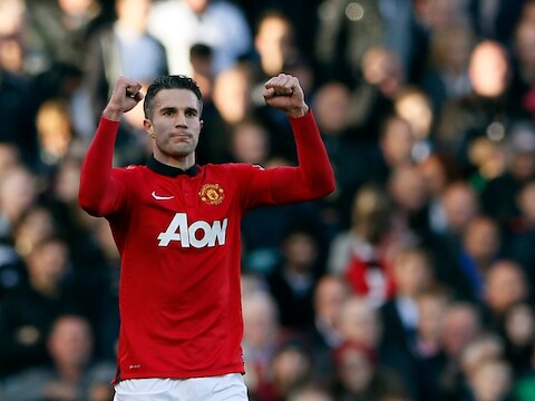 Robin van Persie na een doelpunt voor United.