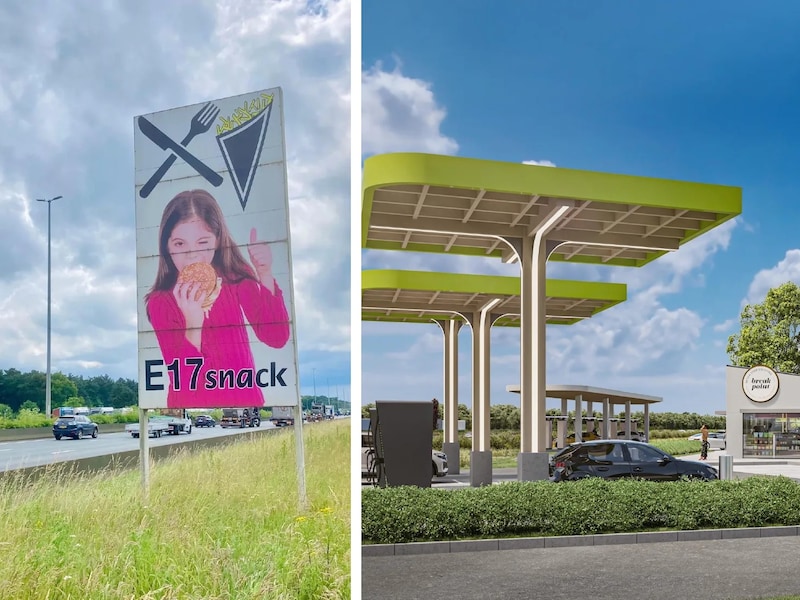 E17 snelwegstation in Waasmunster nu (links) en hoe het er in de toekomst zal uitzien (rechts).