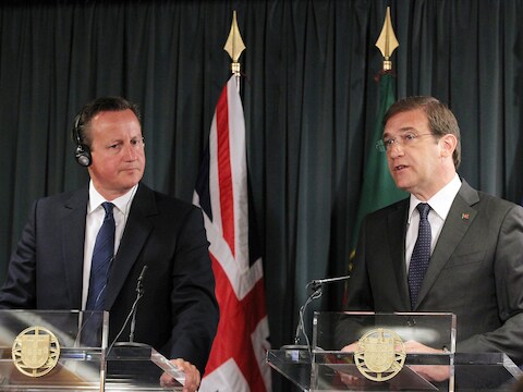 De Britse premier David Cameron (links) naast zijn Portugese collega Pedro Passos Coelho.