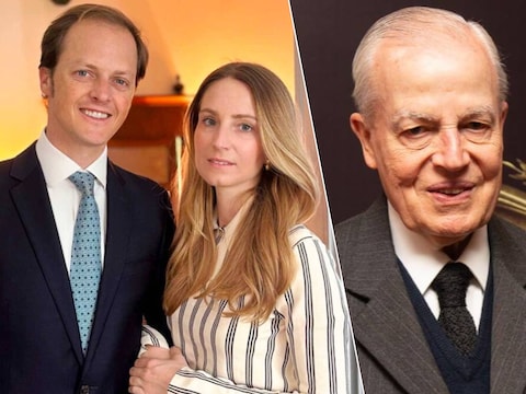 Prins Rafael d’Orléans e Bragança met zijn verloofde Margherita delle Piane. Om Bertrand (inzetje) is niet van plan om hun huwelijk te erkennen.