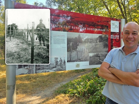 Pieter De Meester aan het infobord over de dodendraad aan de Kalmthoutse Heide. Inzet: Een beeld van de dodendraad tijdens WOI.