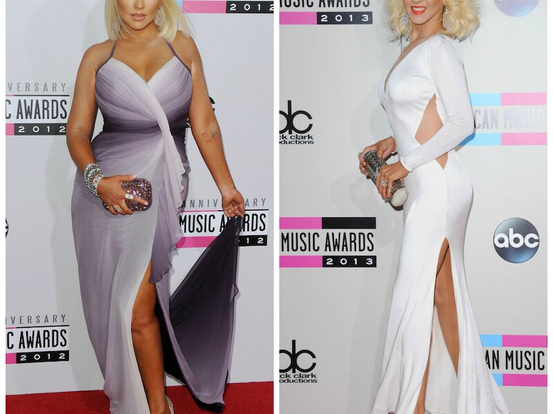 Christina Aguilera op de American Music Awards in 2012 en 2013.
