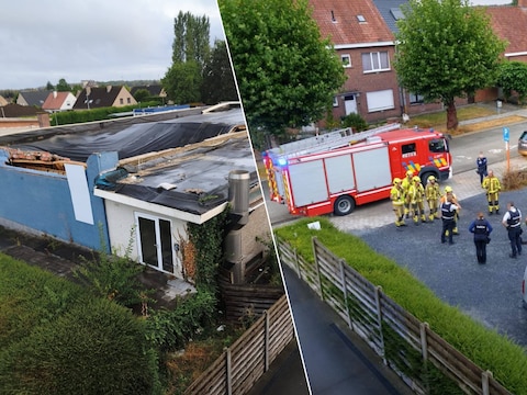 Een deel van het dak van het leegstaande gebouw langs de Arendsstraat is ingestort. / Politie en brandweer kwamen ter plaatse.