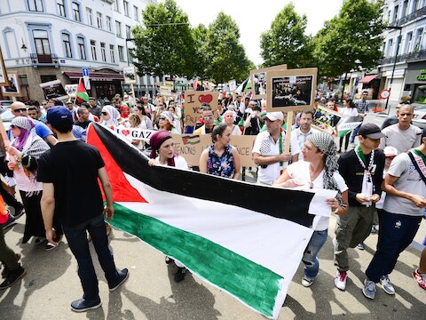 Demonstranten demonstreren voor vrede in de Gazastrook in Brussel in juli.