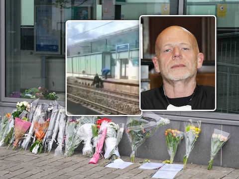 Een archiefbeeld van bloemen aan het station van Zaventem. Inzetfoto links: een persoon op de sporen bij de vechtpartij. Inzetfoto rechts: advocaat Sven Mary treedt op voor de nabestaanden van het slachtoffer. 