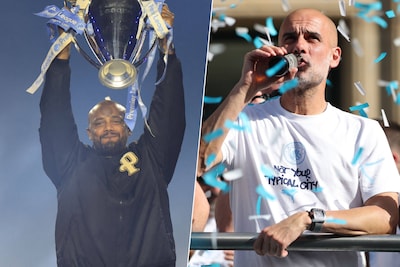 “Terugkeer van een held”: Vincent Kompany duikt mét trofee verrassend op op afscheid van City-coach Pep Guardiola, die met pintje geniet
