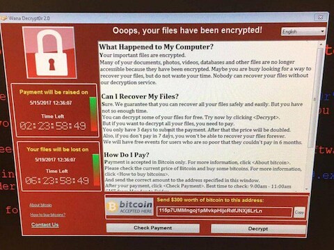 Ransomware blokkeert het computersysteem. Er verschijnt een bericht waarin gevraagd wordt om een som geld te betalen als je je bestanden terug wilt.