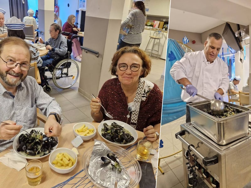 Bewoners van woonzorgcentrum krijgen mosselen van Brusselse topzaak Chez Léon / Kok Abdel van het mosselrestaurant Chez Léon.