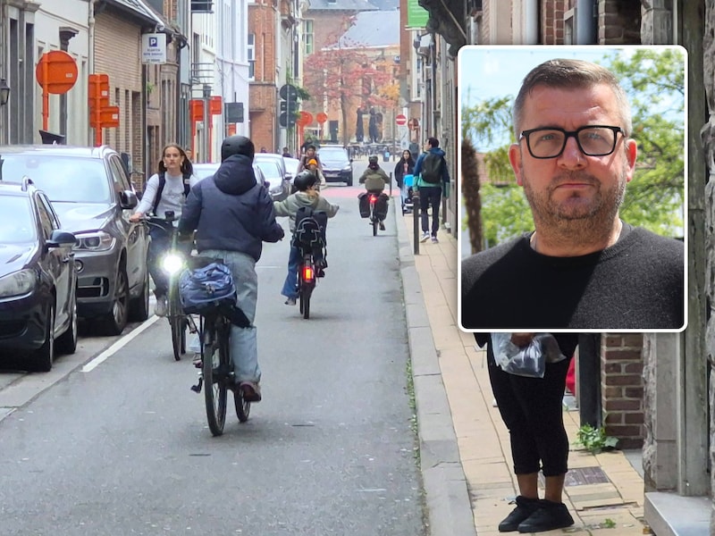 In de Walburgstraat wordt massaal spookgereden. Foto: fietsers met helm rijden in de verboden richting. Inzet: buurtbewoner Steve Vonck