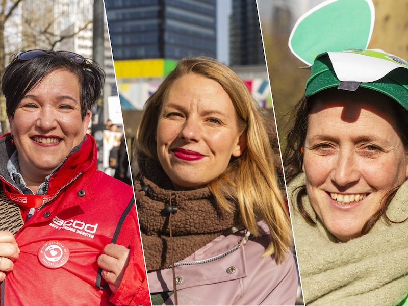 Een front van vrouwen liep vooraan tijdens de nationale betoging in Brussel. Van links naar rechts: Suzanne, Joy en Charlotte.