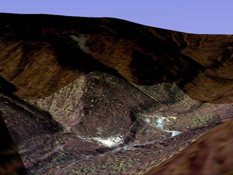 Een digitaal bewerkte satellietfoto van een vermoedeliijke nucleaire basis in P'unggye-yok Kilju.