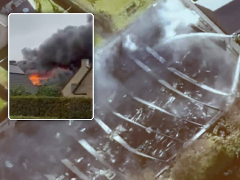 Dronebeelden tonen de vernielde loods na zware brand in Kortrijk.