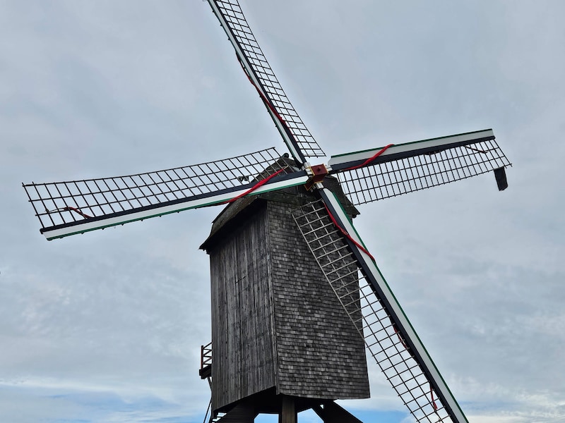 Aan de wieken van Molen te Rullegem hangt een zwarte vlag.